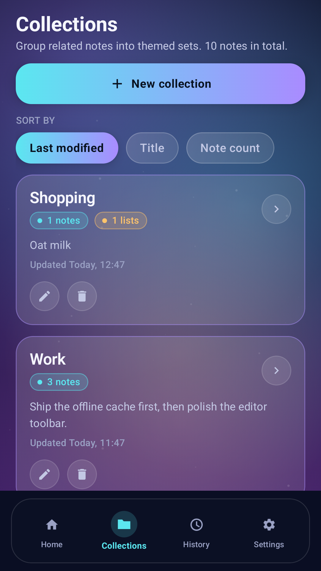 BrightNote collections screen