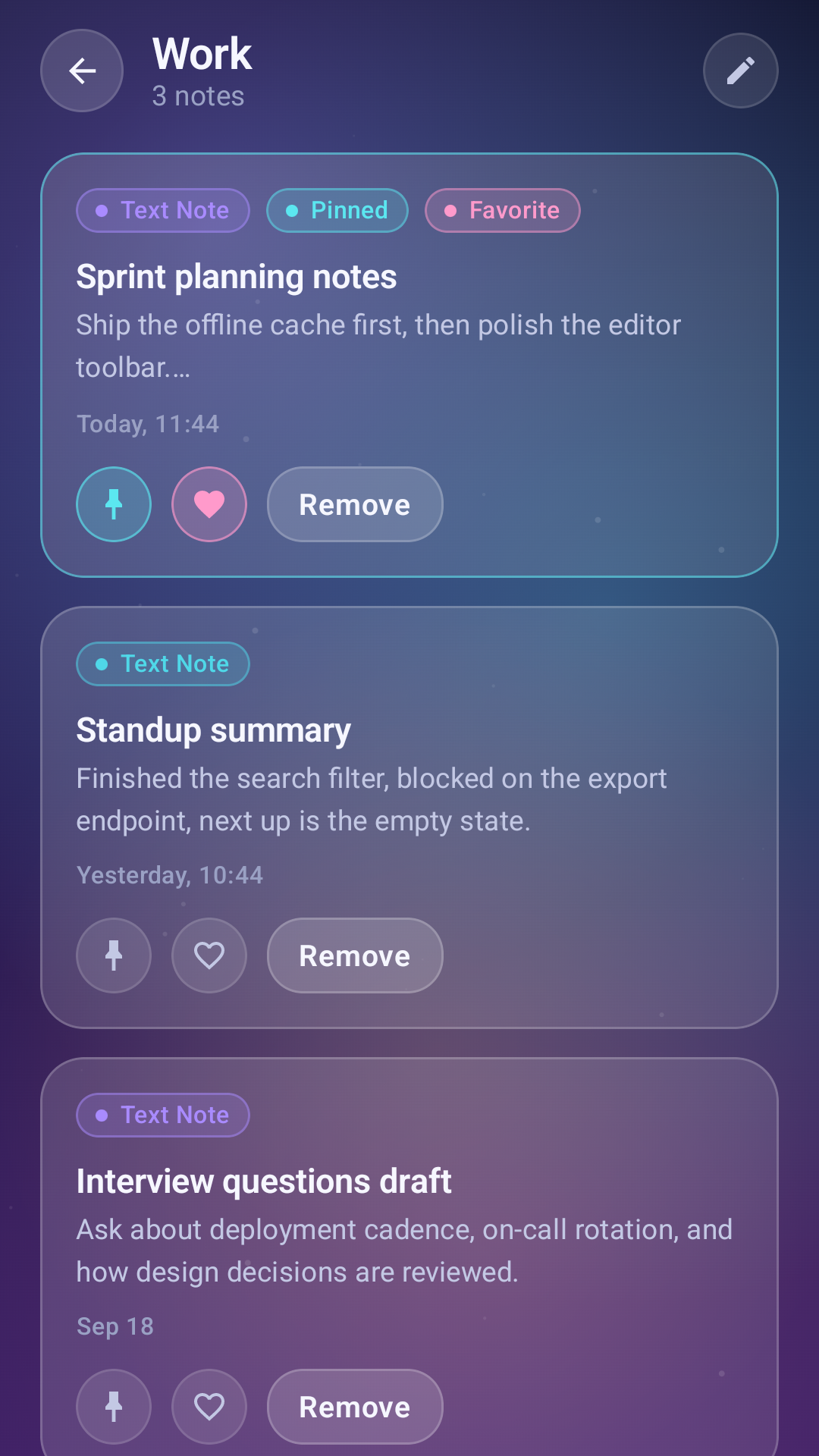 BrightNote work collection screen
